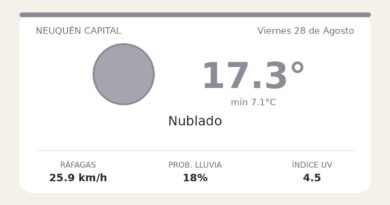 Clima en Neuquén Capital del Viernes 28 de Agosto: máxima de 17.3°C y cielo nublado